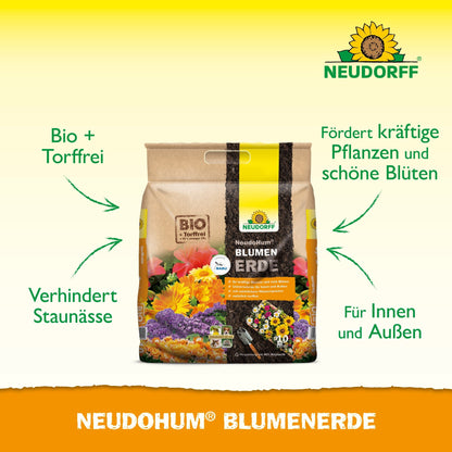 Un sac de NeudoHum BlumenErde du Neudorff Shop est posé sur un fond jaune. Le texte met en avant : "Bio & sans tourbe", "Évite l'engorgement", "Favorise des plantes vigoureuses & de belles fleurs" et "Pour l'intérieur & l'extérieur".