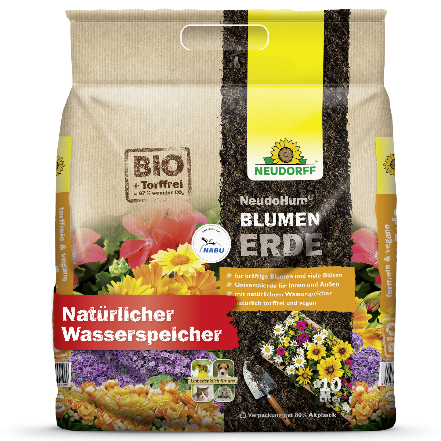 Un sac de 40 litres de NeudoHum BlumenErde du Neudorff Shop pour les plantes de jardin, mis en avant comme un terreau sans tourbe, végétalien, écologique avec un réservoir d'eau naturel, des fleurs colorées sur l'emballage et des labels écologiques.