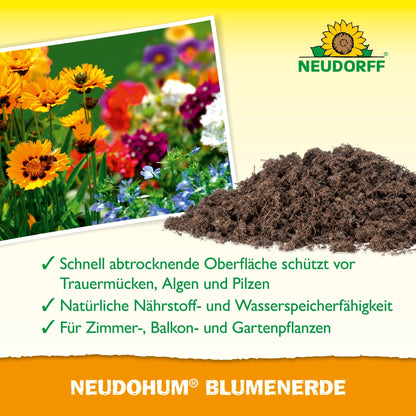 Une photo de fleurs colorées, un tas de NeudoHum BlumenErde et un texte sur les avantages pour les plantes d'intérieur, de balcon et de jardin sur un fond jaune-vert avec le logo du Neudorff Shop.