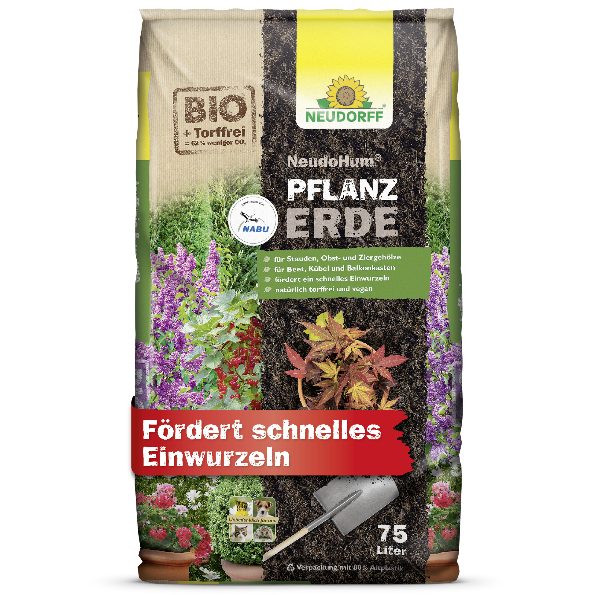 Ein 75-Liter-Sack Neudorff Shop NeudoHum PflanzErde, abgebildet mit leuchtenden Blumen und einer Schaufel, bietet eine biologische, torffreie, vegane Mischung, die sich ideal für die schnelle Bewurzelung von Sträuchern und Stauden eignet - genau wie auf der Verpackung abgebildet.