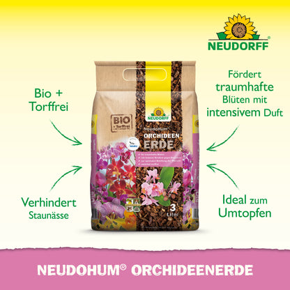 Abgebildet ist ein 3-Liter-Beutel Neudorff Shop NeudoHum OrchideenErde. Diese torffreie Erde ist ideal zum Umtopfen von Orchideen, fördert die Blüte, verhindert Staunässe und gewährleistet eine einfache Orchideenpflege, wie auf der Verpackung hervorgehoben.