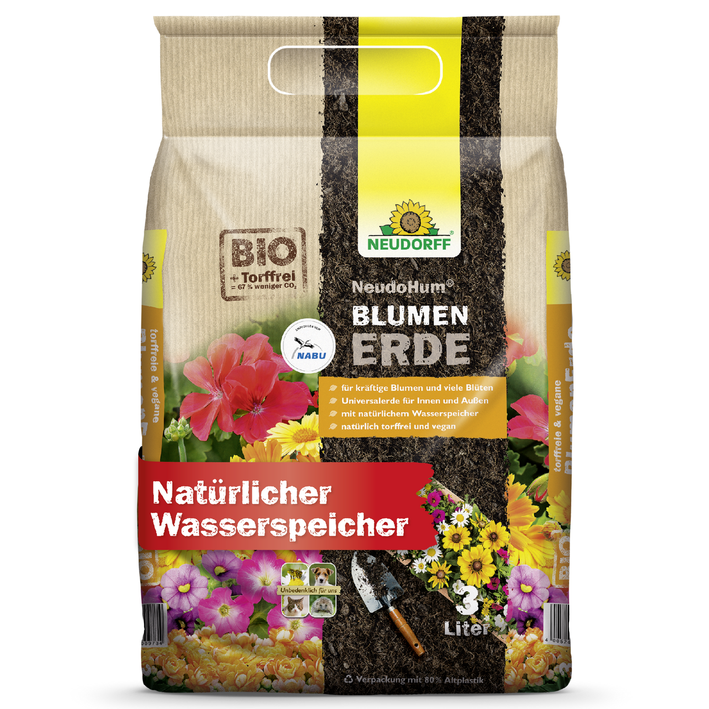 Un sac de 3 litres de NeudoHum BlumenErde du Neudorff Shop avec des images de fleurs, une truelle et de la terre sur un emballage de substrat de culture biologique sans tourbe; sert de réservoir d'eau naturel pour les plantes de jardin.