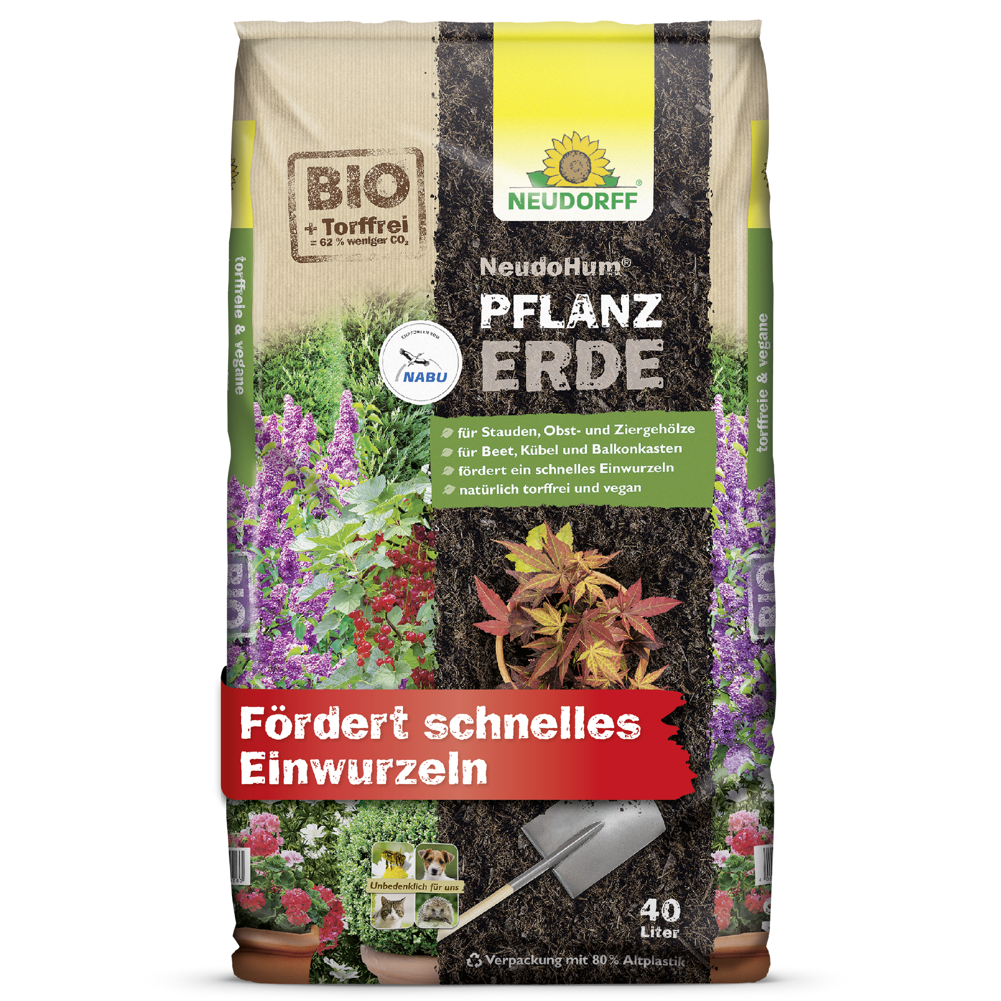 Ein 40-Liter-Beutel NeudoHum PflanzErde von Neudorff Shop, organic torffreie Erde, zeigt Bilder von Blumen, Stauden und Gartenpflanzen. Der deutsche Text beschreibt die Vorteile und die Verwendung; am unteren Rand ist eine Kelle abgebildet.