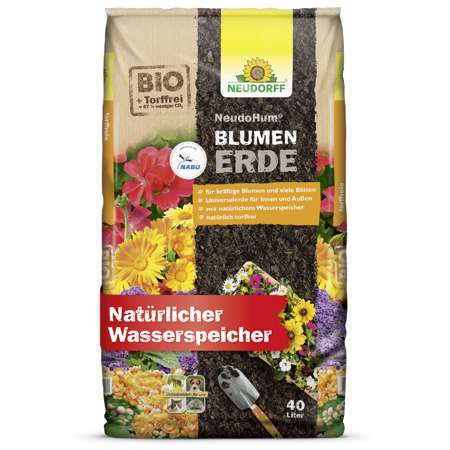 Un sac de 40 litres de NeudoHum BlumenErde du Neudorff Shop avec des motifs floraux, une truelle et des étiquettes qui mettent en avant la qualité biologique et la rétention d'eau naturelle - parfait pour les plantes de jardin et le substrat de culture de haute qualité.