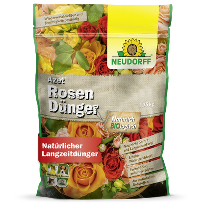 Ein 1,75-kg-Sack Neudorff Shop Azet RosenDünger, ein organischer, lang anhaltender Rosendünger. Die Verpackung zeigt blühende Rosen in den Farben Gelb, Rot und Orange, mit natürlichen Qualitätsetiketten.