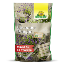 Ein 750g Beutel Neudorff Shop Azet LavendelDünger, mit Lavendel und blau-lila Blüten auf der Verpackung. Dieser organische Dünger nährt bis zu 60 Pflanzen und fördert ein robustes, trockenheitstolerantes Halbstrauchwachstum.