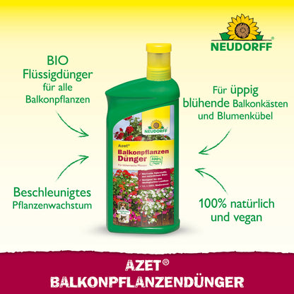 Die grün-gelbe Flasche von Neudorff Shop Azet BalkonpflanzenDünger flüssig hebt das schnelle Wachstum, die üppige Sommerblüte, die Eignung für alle Balkonkästen und die 100% natürliche, vegane Rezeptur hervor.