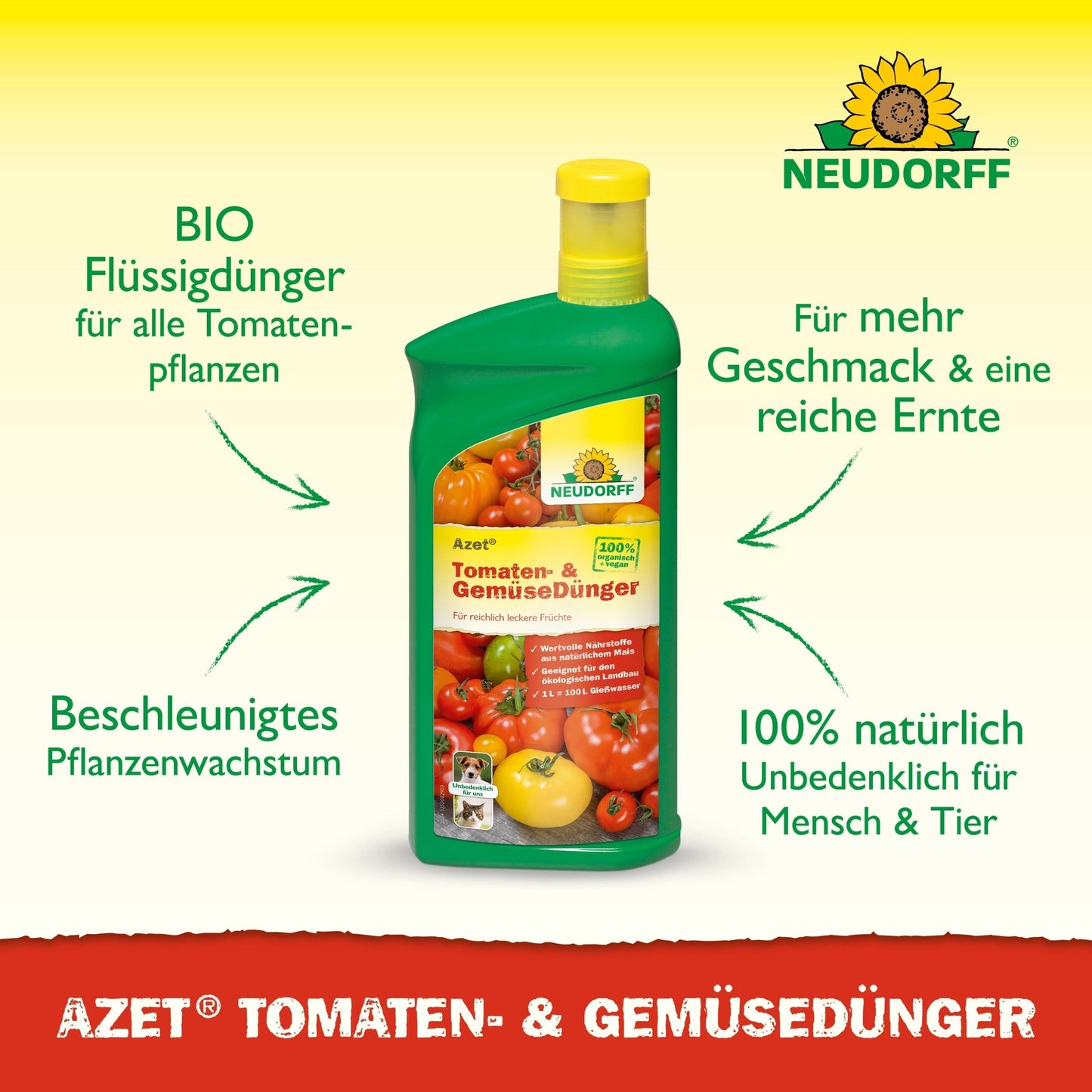 Eine grüne Flasche Neudorff Shop Azet Tomaten- & GemüseDünger flüssig ist mit Tomaten, Paprika und Gurken auf dem Etikett abgebildet. Der deutsche Text hebt organischen Flüssigdünger und natürliche Inhaltsstoffe für Balkongemüse hervor.