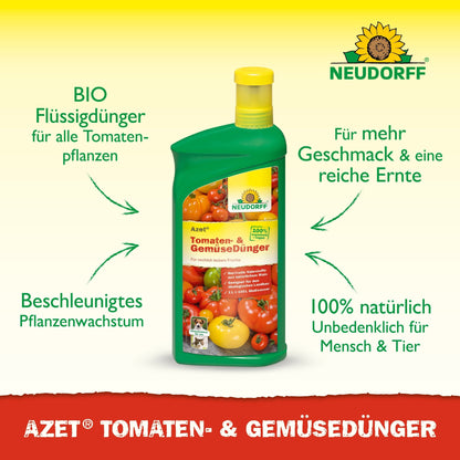 Eine grüne Flasche Neudorff Shop Azet Tomaten- & GemüseDünger flüssig ist mit Tomaten, Paprika und Gurken auf dem Etikett abgebildet. Der deutsche Text hebt organischen Flüssigdünger und natürliche Inhaltsstoffe für Balkongemüse hervor.