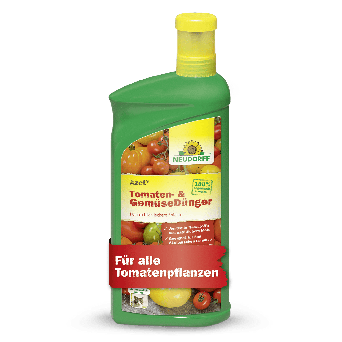 Eine grüne Flasche Neudorff Shop Azet Tomaten- & GemüseDünger flüssig, ein Flüssigdünger perfekt für Tomaten und Balkongemüse. Auf dem Etikett sind Tomaten, Gemüse und ein roter Schriftzug abgebildet: "Für alle Tomatenpflanzen.