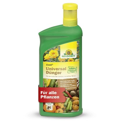 Eine grüne Flasche Neudorff Shop Azet UniversalDünger flüssig mit gelber Kappe, Blumen- und Gemüsemotiven und einem roten "Für alle Pflanzen"-Banner. Liefert ausgewogene Nährstoffe für ein gesundes Pflanzenwachstum.
