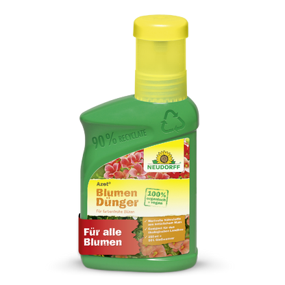 Die grün-gelbe Flasche Azet BlumenDünger flüssig von Neudorff Shop ist 100% vegan, fördert gesundes Pflanzenwachstum und zeigt pinke Blumen sowie ein rotes "Für alle Blumen"-Banner.