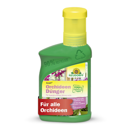 Azet OrchideenDünger flüssig von Neudorff Shop im grünen Fläschchen mit gelbem Deckel - ideal zum Düngen von Orchideen und für prachtvolle Blüten.