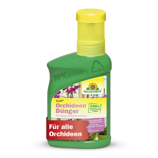 Azet OrchideenDünger flüssig von Neudorff Shop im grünen Fläschchen mit gelbem Deckel - ideal zum Düngen von Orchideen und für prachtvolle Blüten.