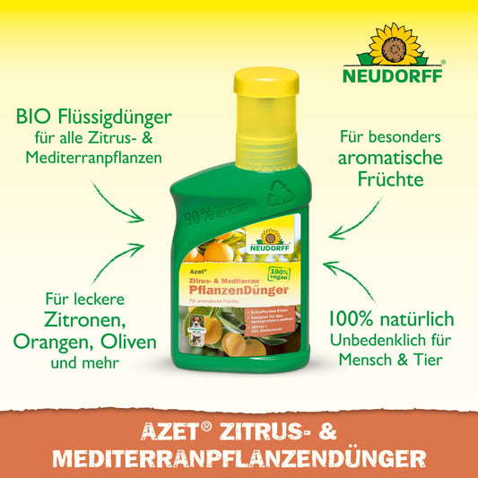 Eine grüne und gelbe Flasche von Neudorff Shop Azet Zitrus- & MediterranpflanzenDünger flüssig mit deutschem Text wirbt für seine Bio-Formel, ideal für mediterrane Pflanzen wie Zitrus und Oleander.