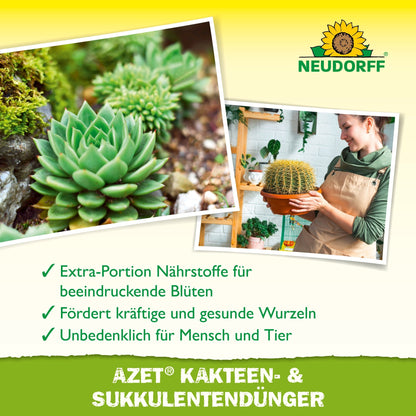 Un gros plan de succulentes sur la gauche et une femme tenant un cactus en pot sur la droite, avec un texte en allemand faisant la promotion de l'engrais liquide Azet pour cactus et succulentes de Neudorff Shop.