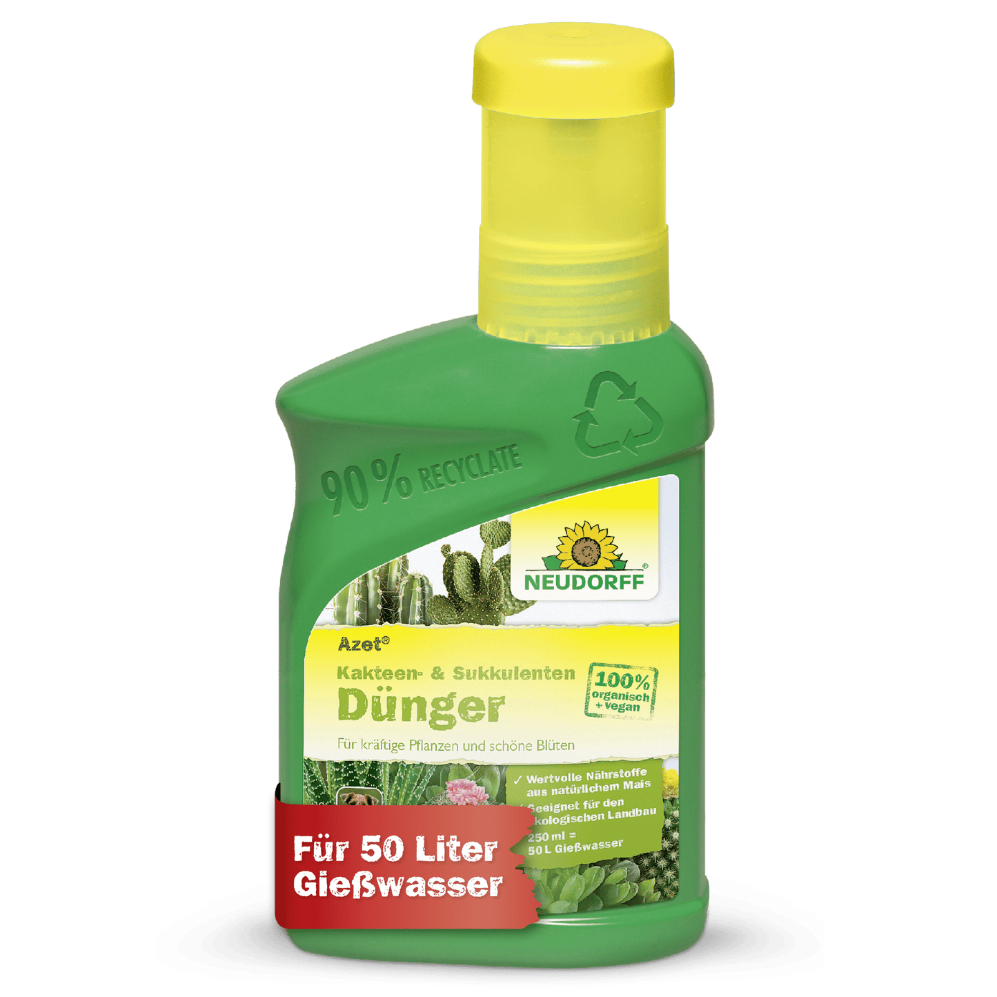 Une bouteille en plastique verte de Neudorff Shop Azet Engrais liquide pour cactus et succulentes montre des images de cactus, des informations sur le produit en allemand et une bannière rouge avec "Pour 50 litres d'eau d'arrosage" sur l'étiquette.