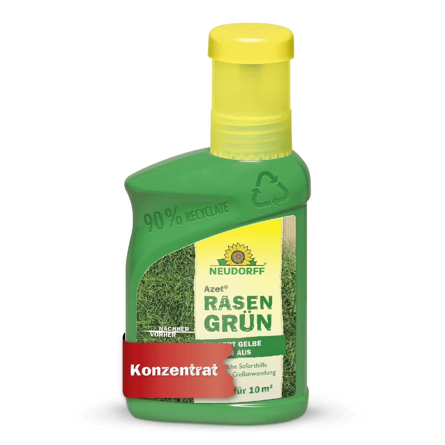 Azet RasenGrün von Neudorff Shop kommt in einer grünen Kunststoffflasche (90% recycelt), gelber Verschluss, Grasbild, und ist ein Rasenpflegekonzentrat für 10 m², das saftig grünen Rasen in nur 4 Tagen verspricht.