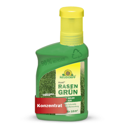 Azet RasenGrün von Neudorff Shop kommt in einer grünen Kunststoffflasche (90% recycelt), gelber Verschluss, Grasbild, und ist ein Rasenpflegekonzentrat für 10 m², das saftig grünen Rasen in nur 4 Tagen verspricht.