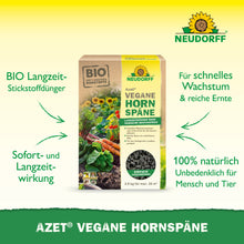Azet Vegane Hornspäne von Neudorff Shop ist auf grünem Hintergrund abgebildet, mit einem Text, der die biologischen, veganen, lang wirkenden und 100% natürlichen Eigenschaften für ein sicheres Pflanzenwachstum bewirbt.