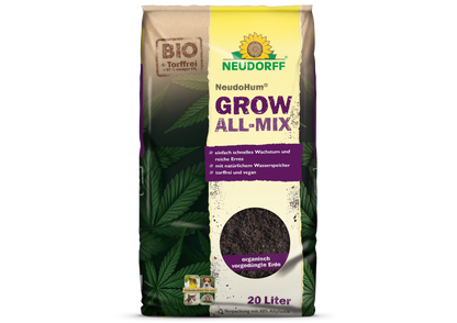 Ein 20-Liter-Beutel NeudoHum Grow All-Mix von Neudorff Shop in braun-violetter Verpackung mit "BIO"- und "torffrei"-Etiketten, entwickelt für den Cannabis-Anbau und eine gesunde Blüte.