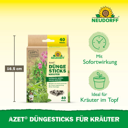 Die Neudorff Shop Azet Düngesticks für Kräuter kommen in einer 40-Stick-Box (Höhe: 16,5 cm) mit Bildern von frischen Kräutern, ideal für Topfkräuter in Topferde und sorgen für schnelle Wirkung.