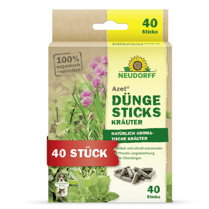 Eine Schachtel Neudorff Shop Azet Düngesticks für Kräuter enthält 40 Düngestäbchen für aromatische Kräuter. Die grün-beige Verpackung mit deutschem Text nährt die in Topferde angebauten Kräuter.