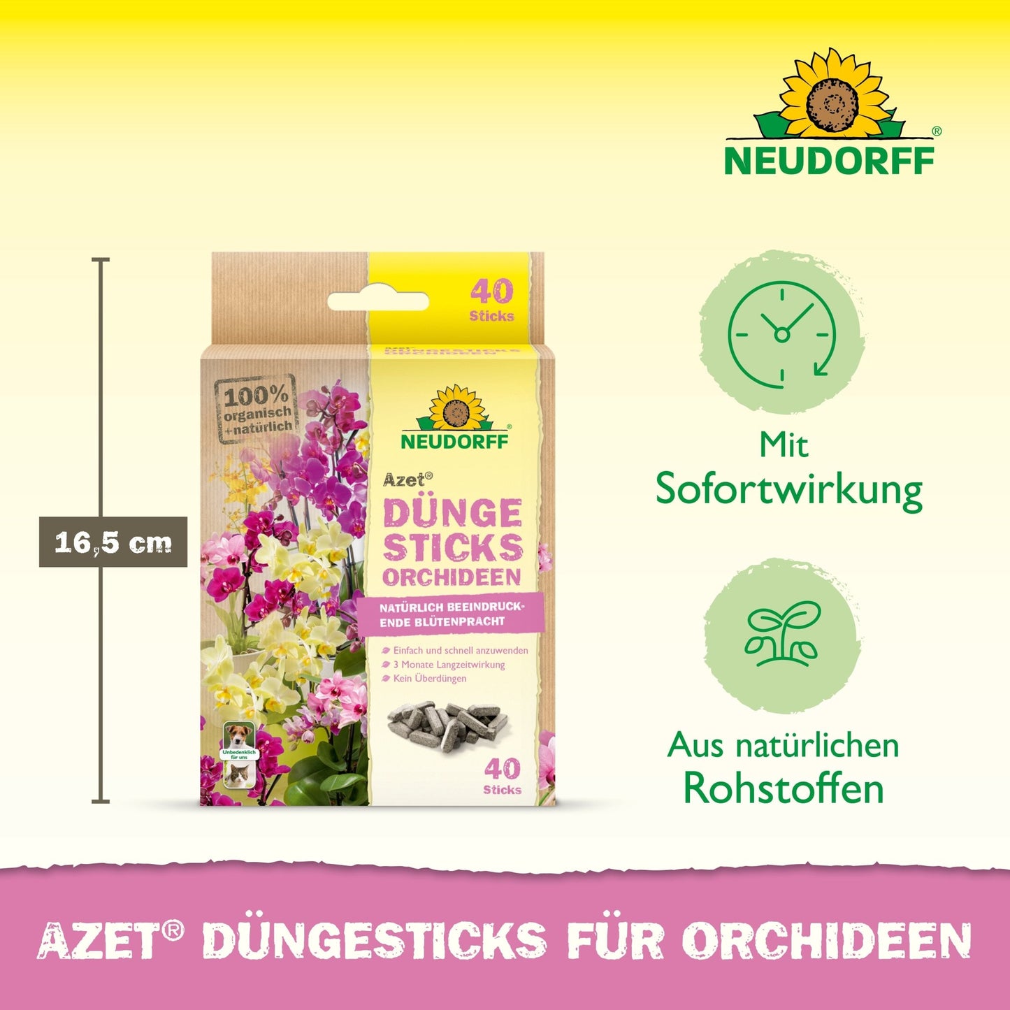 Abgebildet ist eine Packung Azet Düngesticks für Orchideen von Neudorff Shop mit 40 Sticks, sofortiger Wirkung, natürlichen Inhaltsstoffen und 16,5 cm Höhe. Exotische Blüten und die Sticks sind ebenfalls zu sehen.