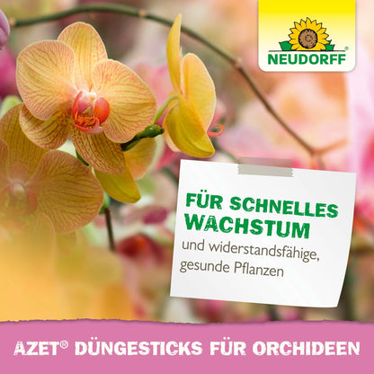 Eine Nahaufnahme von gelben und rosafarbenen Orchideenblüten mit dem Logo des Neudorff Shops und einem Text, der für Azet Düngesticks für Orchideen für schnelles Wachstum und gesunde, widerstandsfähige Pflanzen wirbt. Der unscharfe Hintergrund ist in Grün- und Rosatönen gehalten.