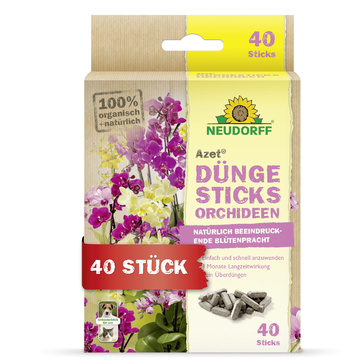 Eine Schachtel Azet Düngesticks für Orchideen von Neudorff Shop, die als 100% biologisch gekennzeichnet ist, enthält 40 Sticks, ist mit deutschem Text versehen, zeigt exotische Blüten und das gelbe Neudorff-Sonnenblumenlogo.