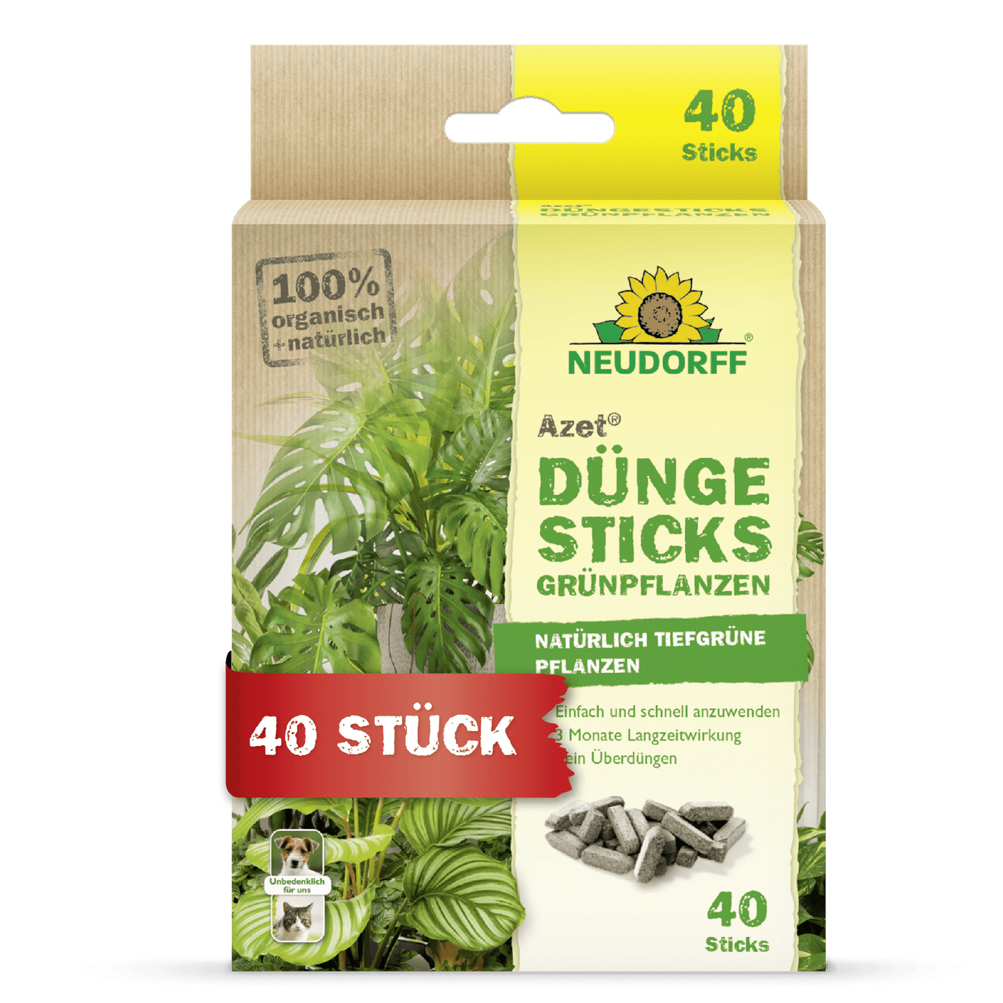 Die Azet Düngesticks für Grünpflanzen von Neudorff Shop werden in einer Schachtel mit einem Pflanzenbild, einer Produktinformation und einem "40 Stück"-Etikett geliefert. Die Verpackung hebt die 100% biologischen, natürlichen Inhaltsstoffe und die Nährstoffdepot-Technologie hervor.