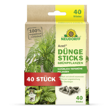 Die Azet Düngesticks für Grünpflanzen von Neudorff Shop werden in einer Schachtel mit einem Pflanzenbild, einer Produktinformation und einem "40 Stück"-Etikett geliefert. Die Verpackung hebt die 100% biologischen, natürlichen Inhaltsstoffe und die Nährstoffdepot-Technologie hervor.