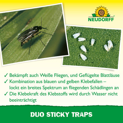 Nahaufnahme: ein schwarzes fliegendes Insekt auf einem Blatt und mehrere kleine weiße Insekten auf Grün. Deutscher Text wirbt für Duo-Klebefallen von Neudorff Shop zur Bekämpfung von Weißen Fliegen und Blattläusen. Das Logo von Neudorff Shop erscheint im Bild.