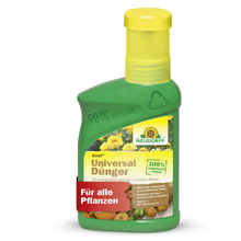 Auf einer grünen Plastikflasche von Neudorff Shop Azet UniversalDünger flüssig mit gelbem Verschluss, auf der "Für alle Pflanzen" und "100% organisch vegan" steht, sind Gemüse und Blumen abgebildet, was das ausgewogene Nährstoffverhältnis unterstreicht.