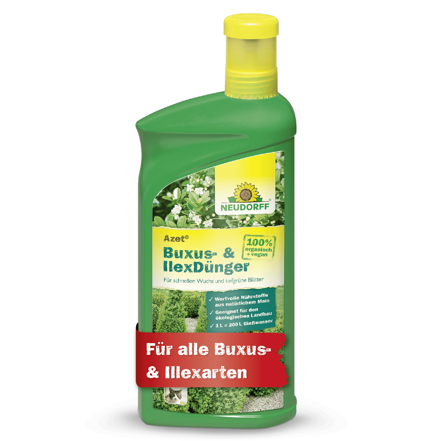 Neudorff Shop Azet Buxus- & IlexDünger flüssig Flasche aus grünem Kunststoff mit gelbem Deckel, ideal für immergrüne Kübelpflanzen. Auf dem Etikett sind Grünpflanzen und ein roter Schriftzug abgebildet: "Für alle Buxus- & Ilexarten.