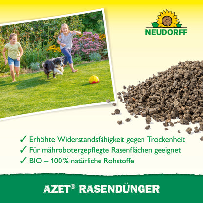 Ein Foto von zwei Kindern und einem Hund, die auf saftigem Rasen mit einem Fußball spielen, neben einem Beutel Neudorff Shop Azet RasenDünger 2,5 kg bis 5 kg. Text hebt Vorteile für eine dichte Rasenfläche hervor; Neudorff-Logo erscheint oben rechts.