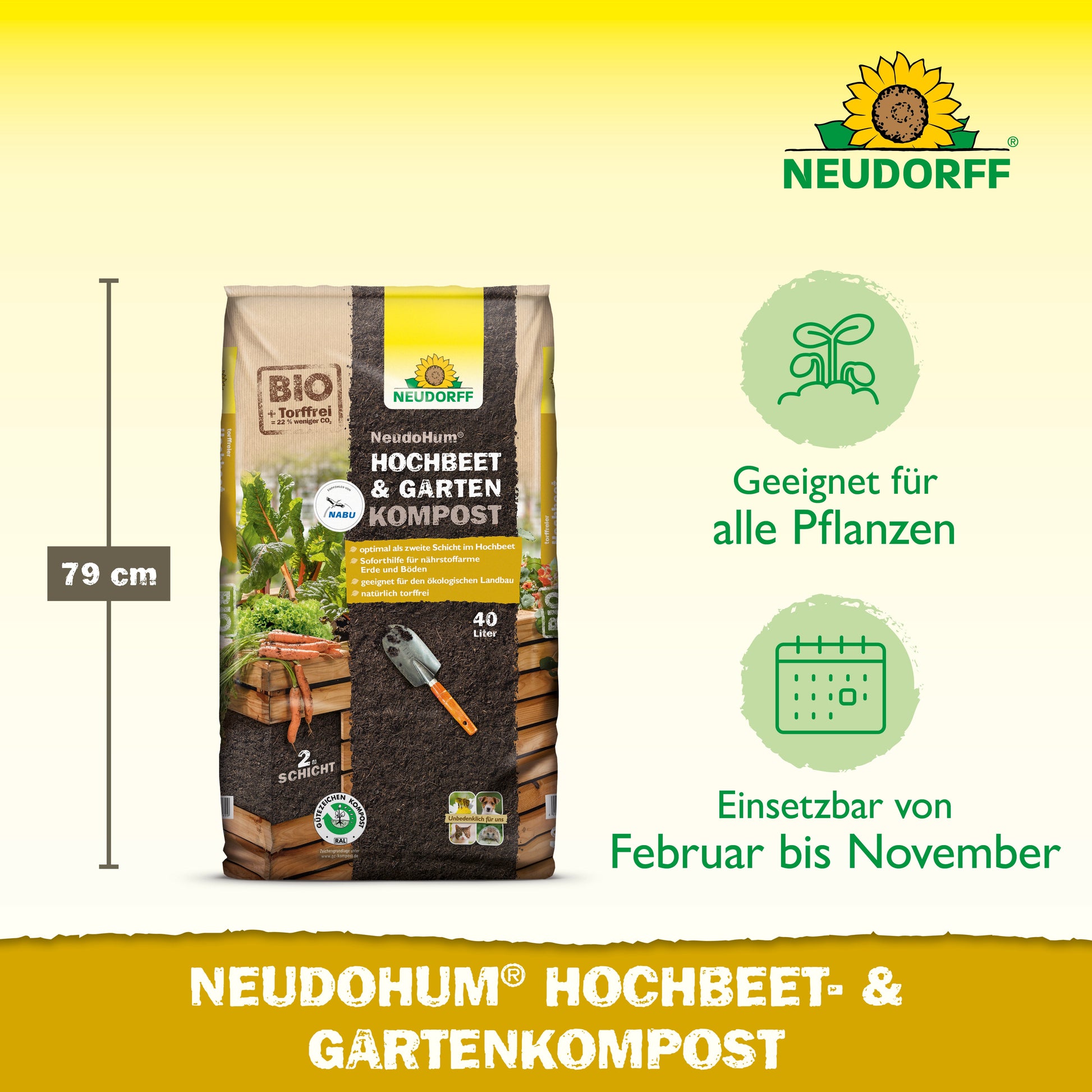 Abgebildet ist ein 40-Liter-Sack NeudoHum Hochbeet- & GartenKompost von Neudorff Shop (79 cm hoch). Torffrei, Bio, ideal für alle Pflanzen als Pflanzsubstrat und Bodenschicht in Hochbeeten, verwendbar Feb-Nov.