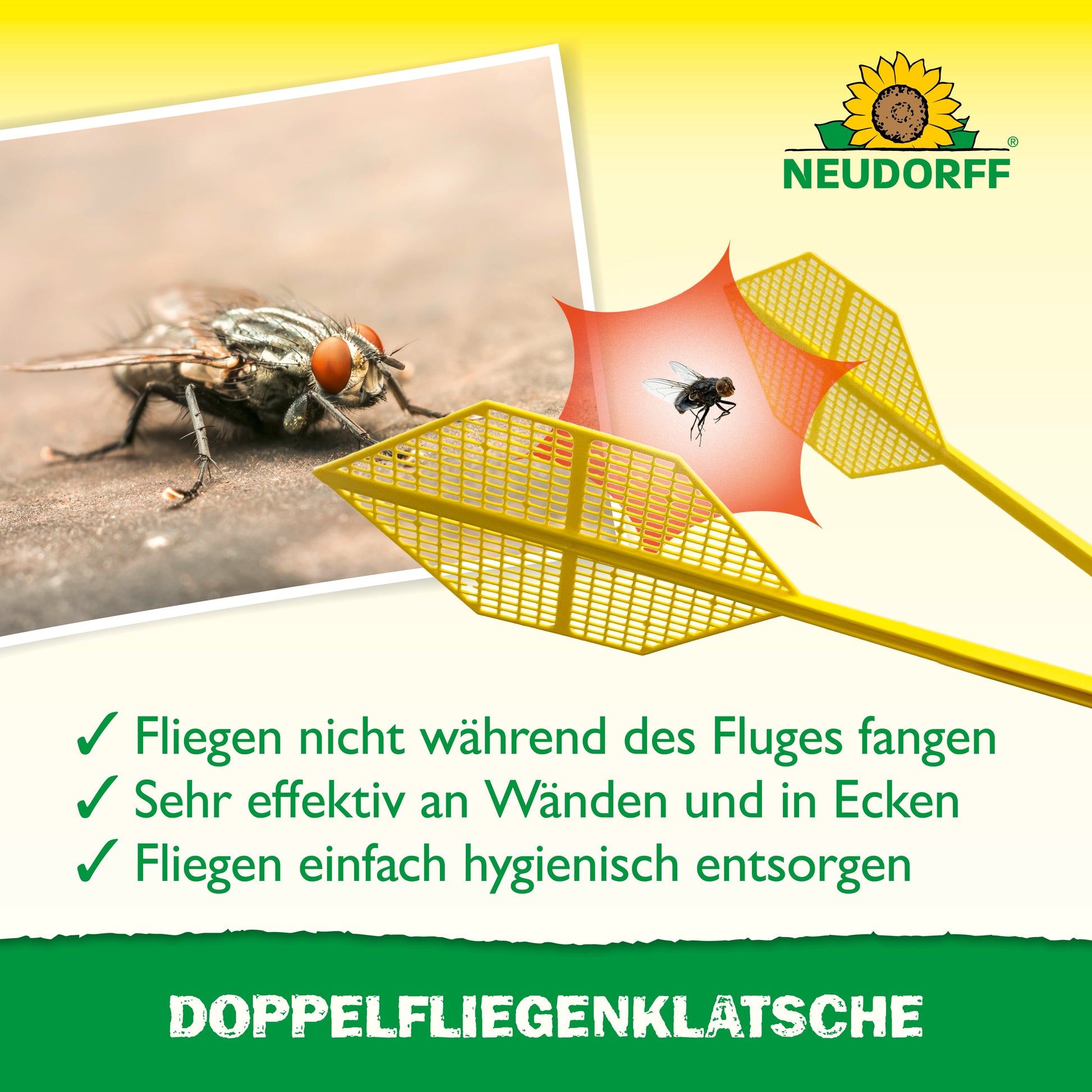 Neben einer Nahaufnahme einer Stubenfliege sind zwei gelbe Doppelfliegenklatschen vom Neudorff Shop mit Insekt-Grafik zu sehen. Der deutsche Text betont das einfache, fleckenfreie Fliegenfangen. Das Neudorff-Logo ist oben rechts platziert.