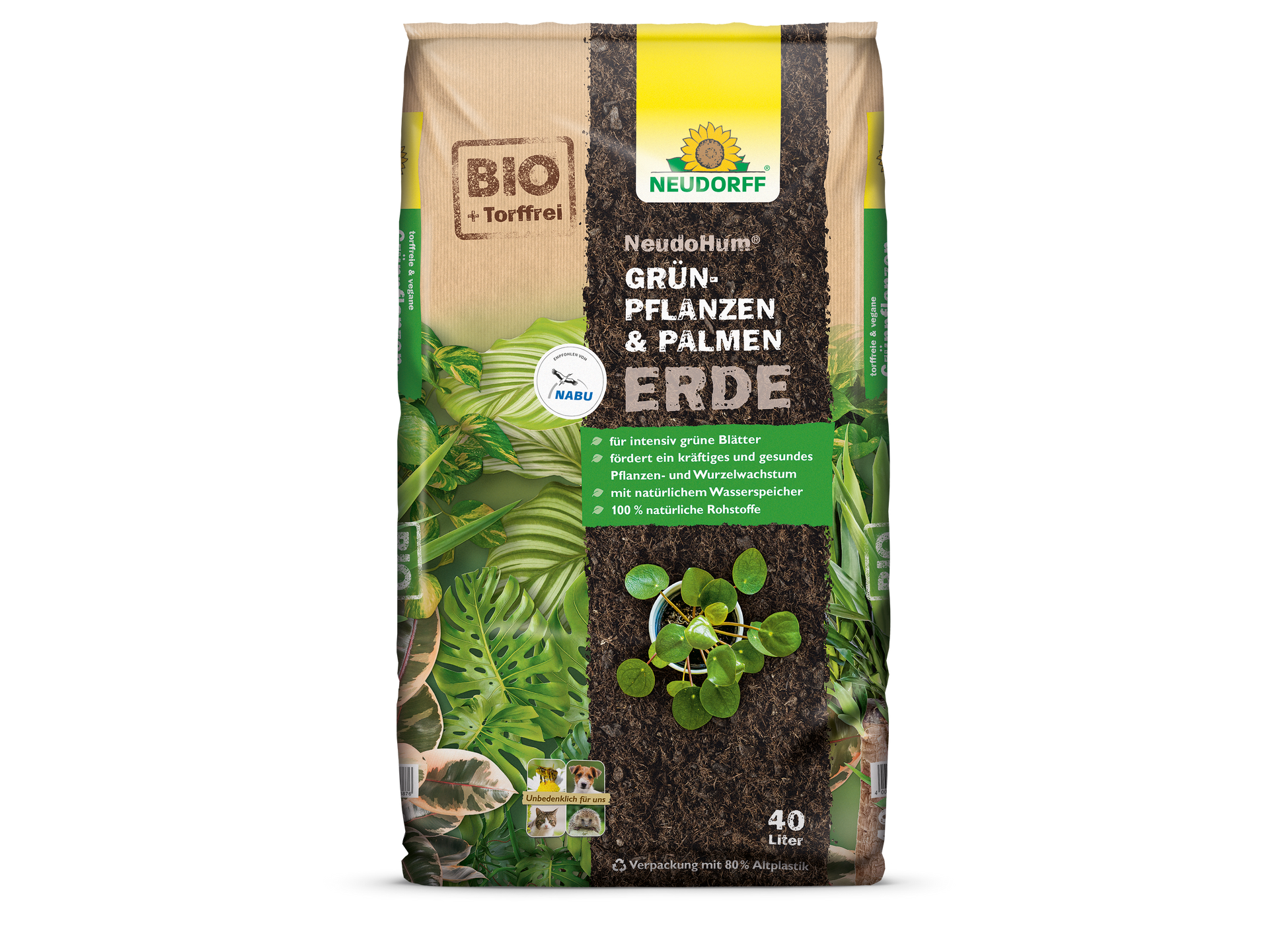 Die 40L NeudoHum Grünpflanzen- & PalmenErde von Neudorff Shop ist eine torffreie Blumenerde für Zimmerpflanzen und Palmen mit natürlichem Wasserspeicher. Die braun-grüne Verpackung ist mit weiß-gelben Akzenten und grünen Laubbildern versehen.