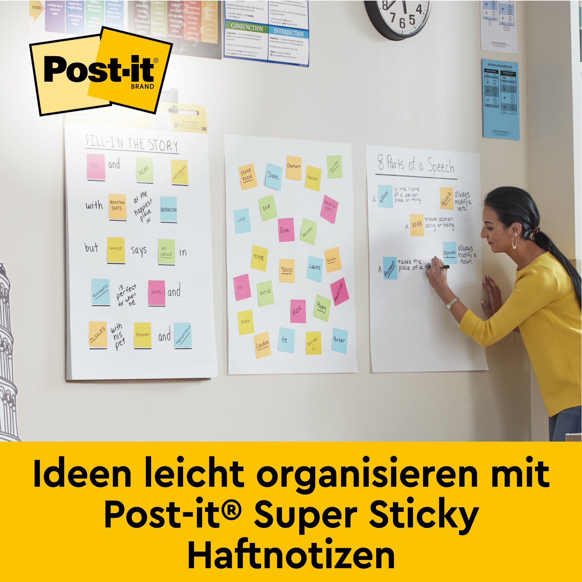 Eine Frau schreibt auf einem Post-it® Super Sticky selbsthaftendes Mini Meeting Chart/Flipchart Mini 577SS (38cm x 45,7cm) von 3M Deutschland GmbH, neben bunten Post-it® Notizen. Text: "Ideen leicht organisieren mit Post-it® Super Sticky.