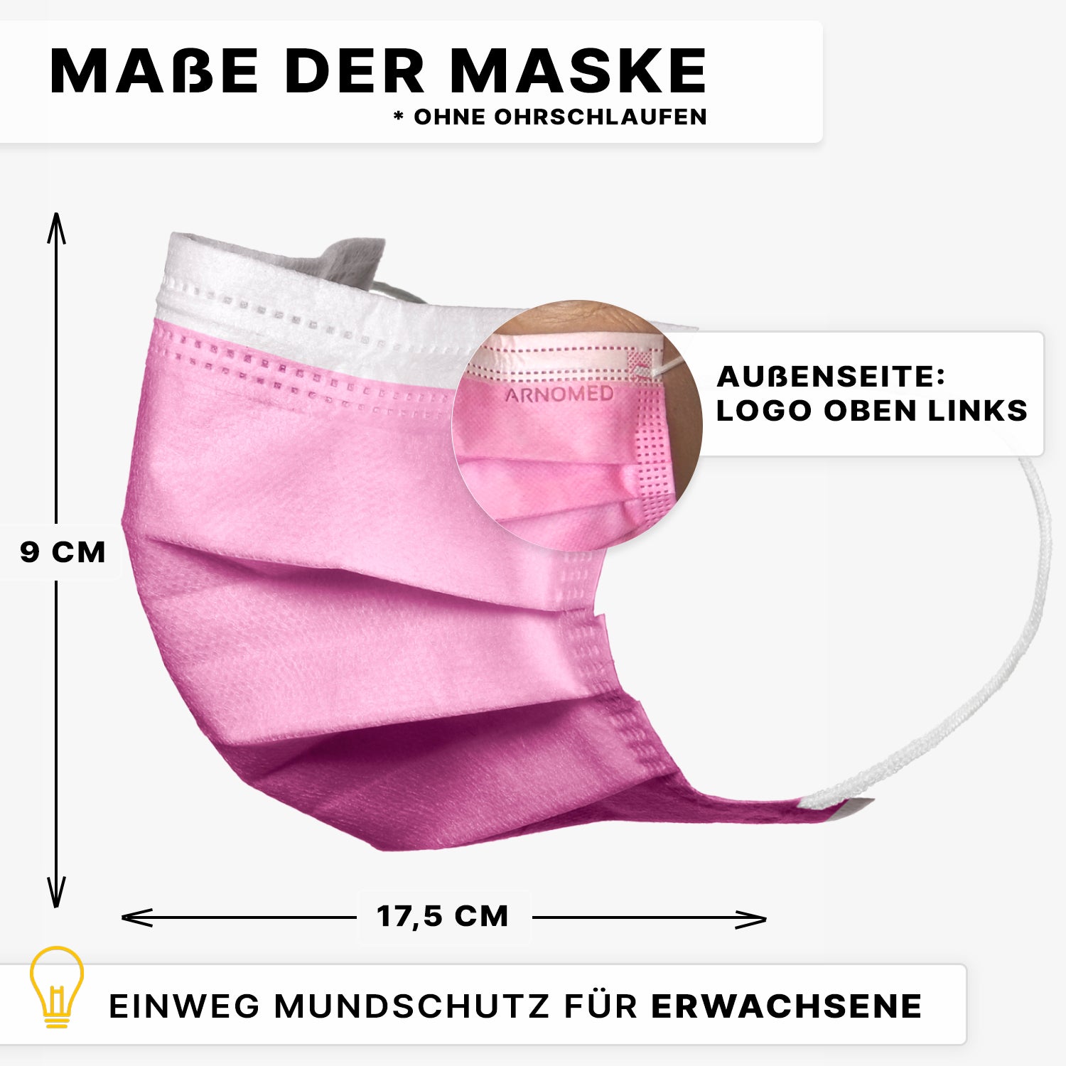 Abgebildet ist ein rosafarbener ARNOMED MUNDSCHUTZ TYP IIR OP-Mundschutz mit Gummibändern von ARNOWA GmbH (9 x 17,5 cm) mit weißen Ohrschlaufen; eine Nahaufnahme hebt das ARNOMED-Logo an der oberen linken Außenseite hervor.