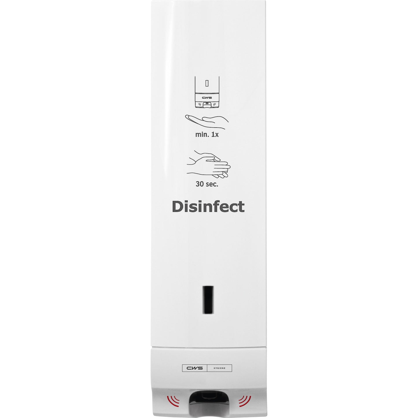Le distributeur de désinfectant CWS ParadiseLine Disinfect Non touch, avec panneau blanc, est un distributeur de désinfectant mural blanc sans contact de CWS avec un autocollant "Disinfect" et des instructions illustrées pour une pompe et une désinfection des mains de 30 secondes.