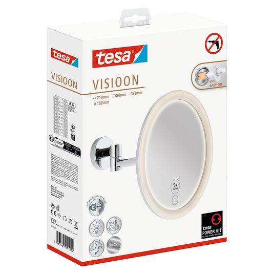 Miroir de maquillage LED tesa VISIOON à bras articulé, autocollant, métal chromé, plastique couleur chrome