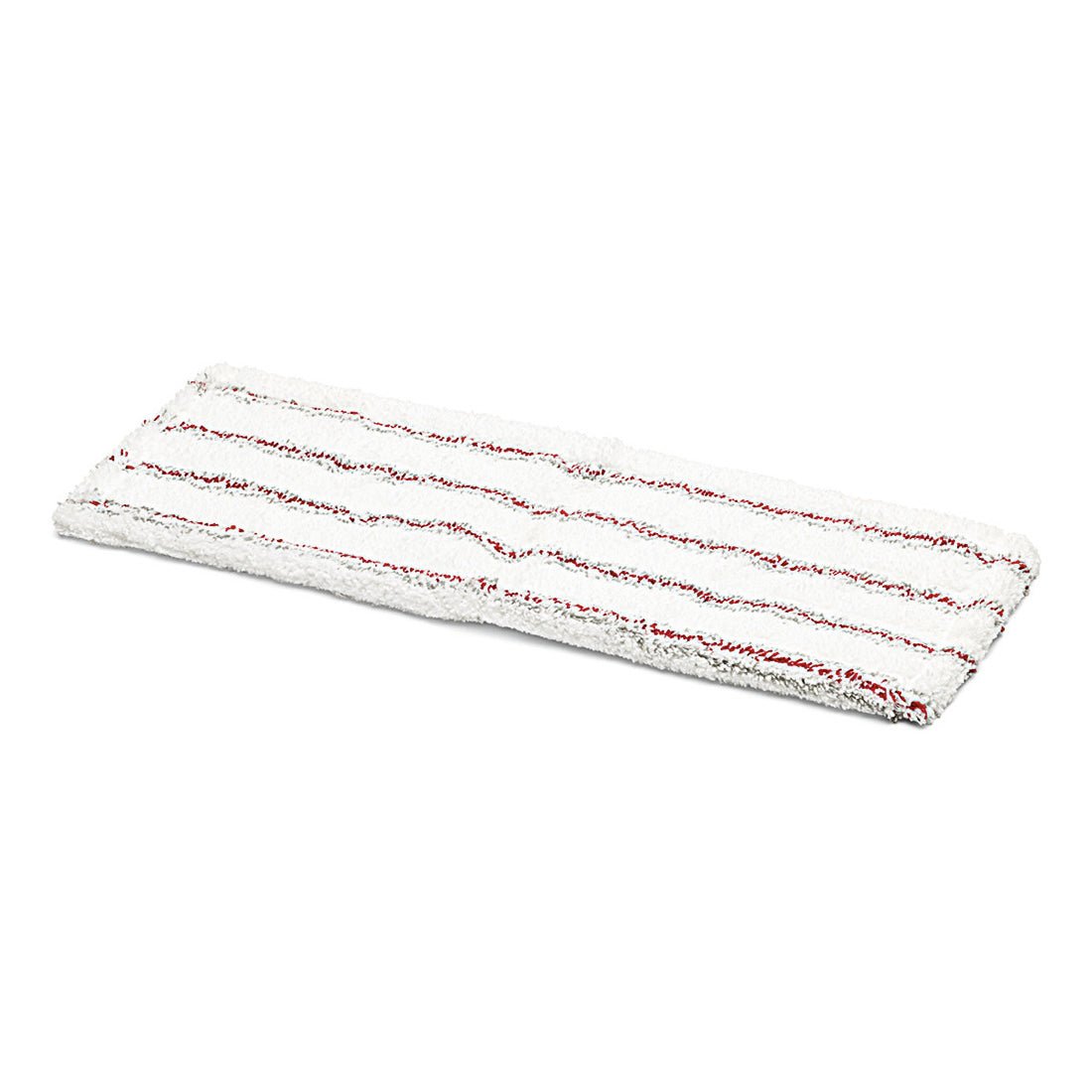 Une housse de rechange en microfibre rectangulaire blanche Nölle Profi Brush pour balai à franges 47x16 cm (1 pièce) de Nölle Profi Brush Bürsten- & Pinseltechnik e.K. se distingue par plusieurs bandes rouges horizontales sur la surface en microfibre sur un fond blanc simple.