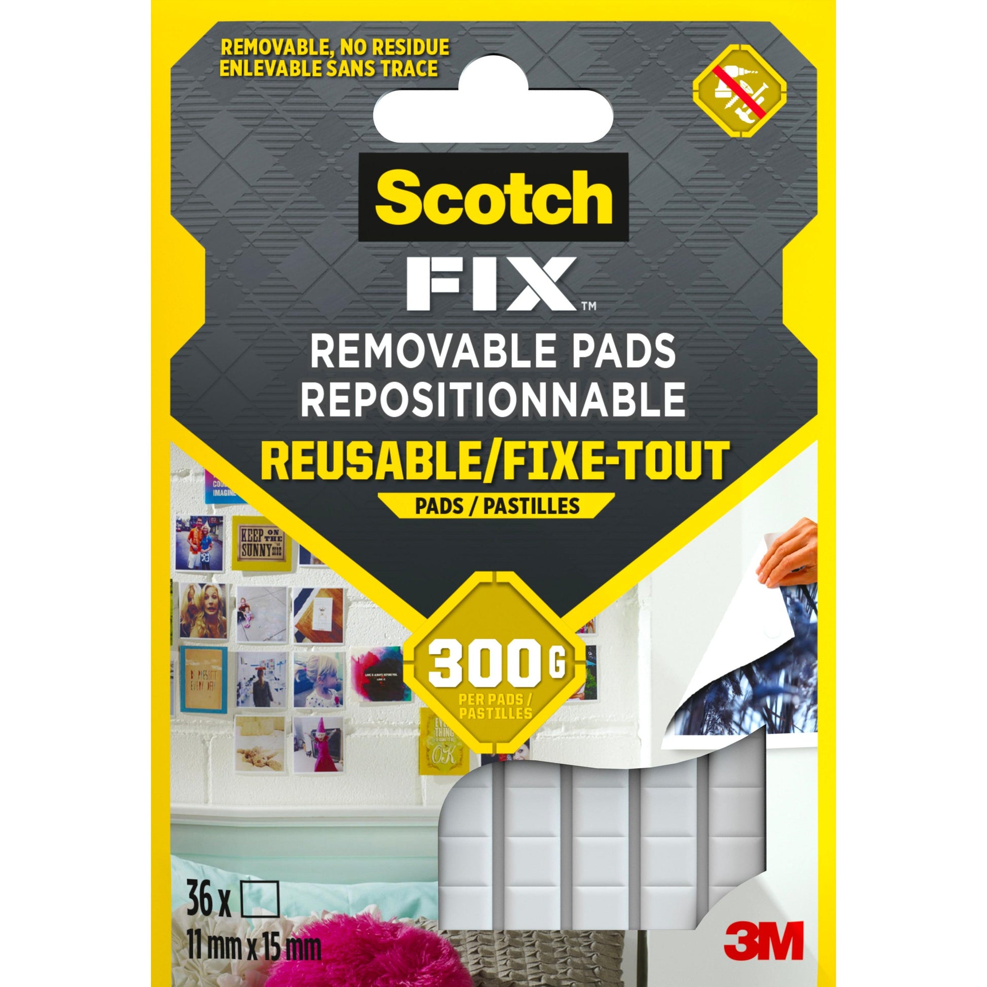 Die Abbildung zeigt eine Packung Scotch-FIX™ Ablösbare Klebepads 301008C36-P (11mm x 15mm, 36 Stück) von 3M Deutschland GmbH. Die Verpackung zeigt Fotos der Klebepads im Einsatz und trägt das 3M-Logo.