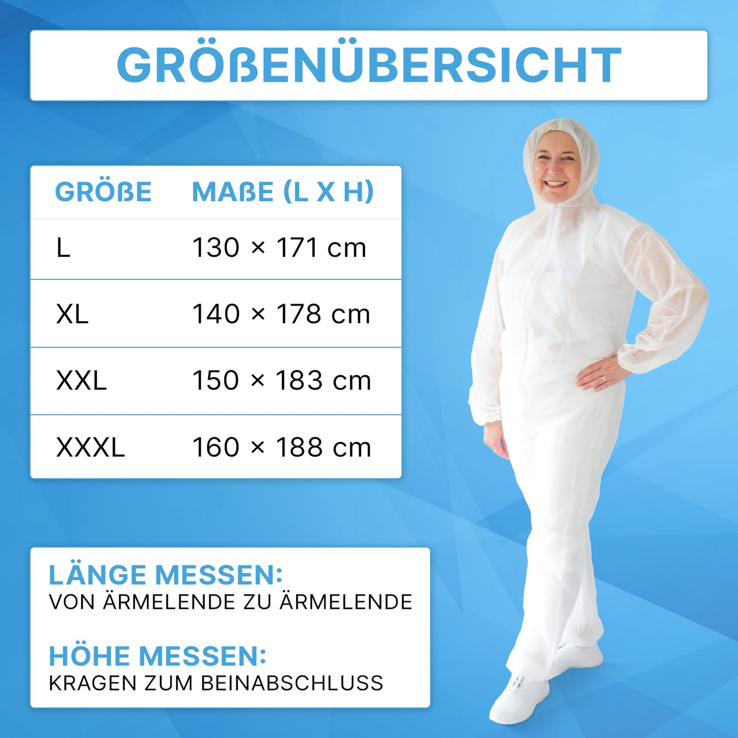 Eine Frau in einem weißen ARNOMED COVER PP-OVERALL XTRA STRONG der ARNOWA GmbH steht lächelnd da. Zu ihrer Linken zeigt eine blaue Tabelle die Größen L-XXXL mit Zentimetermaßen an, und darunter befindet sich eine Anleitung zum Messen Ihres Einweg-Overalls.