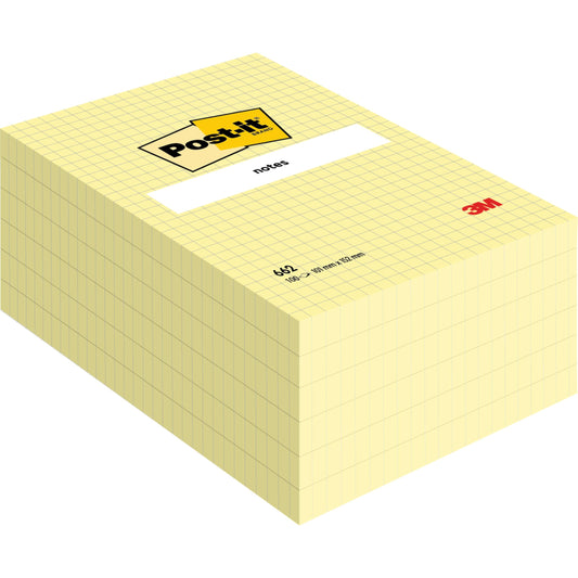 Ein Stapel großer, gelber, gerasterter Post-it® Notizzettel (101 x 152 mm, 100 Blatt), von 3M Deutschland GmbH, beschriftet mit "notes" und gekennzeichnet mit der Nummer 654 sowie Angaben in schwarz.