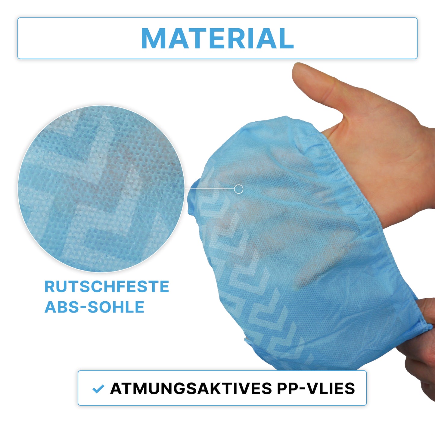 Une main tient une surchaussure ARNOMED ABS, jetable (ARNOWA GmbH). Un cercle agrandi montre la semelle structurée antidérapante. Texte : "Semelle ABS antidérapante" et "PP non-tissé respirant". Le paquet contient 100 pièces.