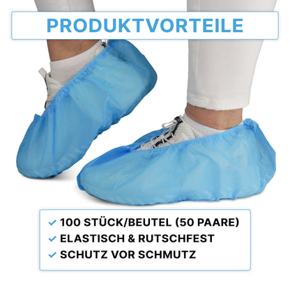 Deux pieds portent des surchaussures bleues ARNOMED ABS de ARNOWA GmbH sur des chaussures blanches. Le texte met en avant les avantages : 100 jetables, antidérapantes, élastiques, protection contre la saleté.