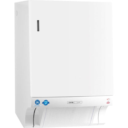 Le distributeur de serviettes en tissu CWS ParadiseLine Dry Slim Non-Touch, y compris le panneau blanc, assure une distribution hygiénique des serviettes grâce à son fonctionnement sans contact.